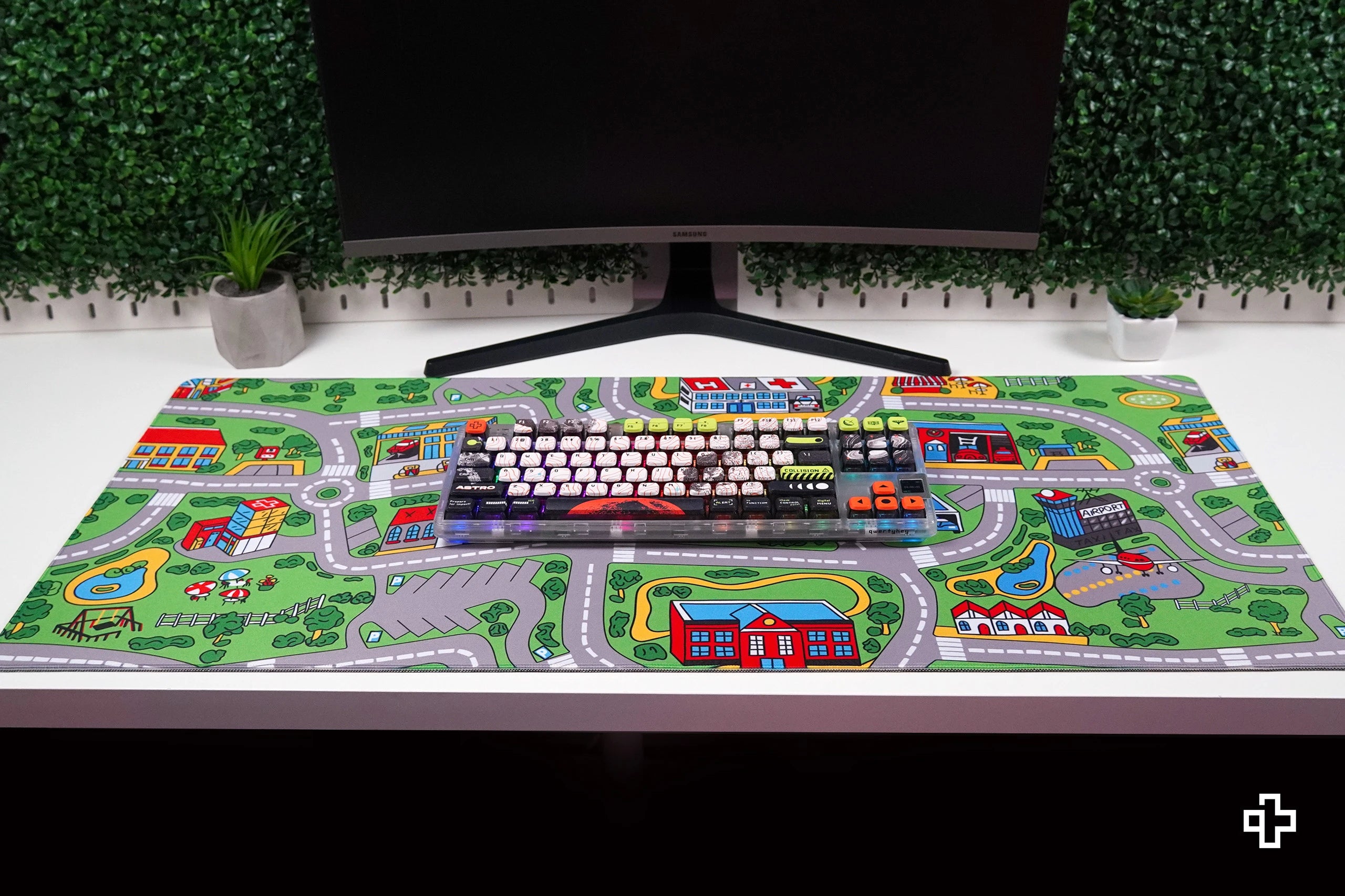 Deskmat Mousepad QwertyKey Nostalgie Belebte Stadt 4mm genähte Ränder